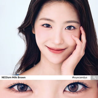 Model with natural makeup wearing EyeCandys NEOism Milk Brown prescription colored contact lenses - full face and close-up of eyes with long lashes, warm milk brown color, comfortable daily wear, trending cosmetic lenses 2025