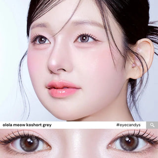Model wearing EyeCandys Olola Meow Koshort Grey colored prescription contact lens, with close-up shots of her eyes showcasing the subtle grey tone.