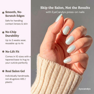 Detailed view of Eyecandys Peritinkle press-on nails highlighting a reflective periwinkle chrome finish, pearlescent glow, and icy blue shimmer.
