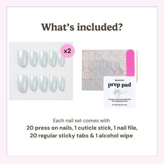 Eyecandys press-on nail kit contents including 20 reusable press-on nails, 20 adhesive sticky tabs, a nail file, a cuticle stick, and an alcohol wipe for easy at-home application.