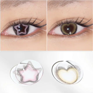 Close-up of eyes wearing EyeCandys Pink Star contacts by EyeCandys, featuring pink lenses with yellow heart patterns for a doll-eye look. Below, the pastel color contacts are shown separately on a white background.