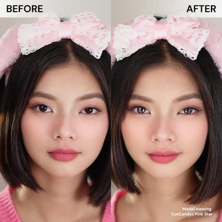 Before and after comparison of model’s face wearing EyeCandys Pink Star colored contact lenses – natural look vs pastel pink star lenses with dreamy, doll-eyed sparkle and subtle iris enlargement.