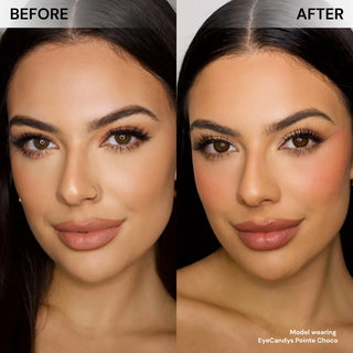 Before and after of model’s face wearing EyeCandys Pointe Choco prescription colored contact lenses, showing soft and natural choco-brown eye transformation with subtle enlargement