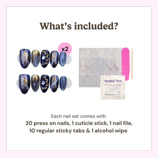 EyeCandys press on nails package contents showing 20 press-on nails, cuticle stick, nail file, alcohol prep pads, and 20 sticky tabs.
