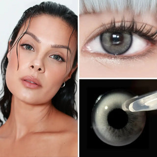 Set of images featuring model wearing EyeCandys Powerglow Grey colored prescription contact lenses – full face, close-up of eyes with long lashes, and lens macro. Intensely saturated grey lenses with defined iris, full coverage, and all-day comfort for cosplay and dramatic transformations.