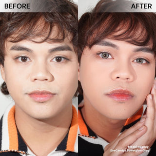 Before-and-after comparison of model’s face wearing EyeCandys PowerGlow Grey colored contact lenses – natural eyes vs luminous grey lenses with brightening effect, smooth coverage, and subtle enlargement for a glowing, defined look.