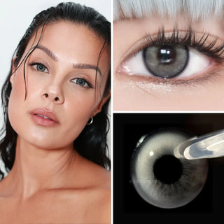Model wearing EyeCandys Powerglow Grey contact lenses – full face shot, close-up of eyes with long lashes, and macro lens design. Ultra-vibrant grey lenses with defined iris, full coverage, and all-day comfort for cosplay and bold transformations.
