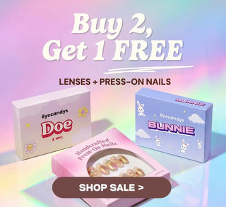 EyeCandys Pride collection showcasing Bunnie and Doe contact lens boxes with press-on nails packaging, trendy beauty products and seasonal sale event.
