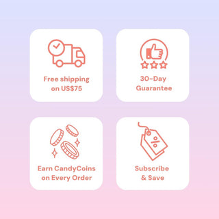 EyeCandys icons showing Free Shipping over $75, 30‑Day Guarantee, earn candycoins on every order and subscribe and save