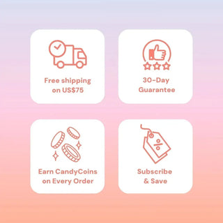 Free shipping on orders over $75, 30-day guarantee, earn CandyCoins on every order, subscribe and save – EyeCandys promo banner
