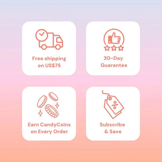 Free shipping on orders over $75, 30-day guarantee, earn CandyCoins on every order, subscribe and save – EyeCandys promo banner