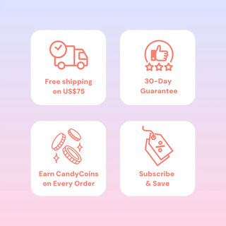Free shipping on orders over $75, 30-day guarantee, earn CandyCoins on every order, subscribe and save – EyeCandys promo banner