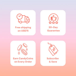 Free shipping on orders over $75, 30-day guarantee, earn CandyCoins on every order, subscribe and save – EyeCandys promo banner