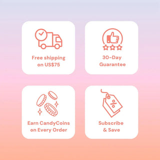 Free shipping on orders over $75, 30-day guarantee, earn CandyCoins on every order, subscribe and save – EyeCandys promo banner
