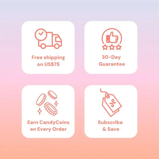 Free shipping on orders over $75, 30-day guarantee, earn CandyCoins on every order, subscribe and save – EyeCandys promo banner