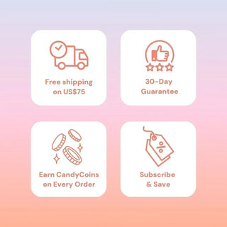 Free shipping on orders over $75, 30-day guarantee, earn CandyCoins on every order, subscribe and save – EyeCandys promo banner