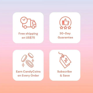 Free shipping on orders over $75, 30-day guarantee, earn CandyCoins on every order, subscribe and save – EyeCandys promo banner
