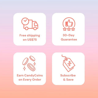 Free shipping on orders over $75, 30-day guarantee, earn CandyCoins on every order, subscribe and save – EyeCandys promo banner