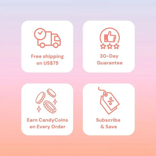 Four icons with text: Free shipping on US$75, 30-Day Guarantee, Earn CandyCoins on Every Order, Subscribe & Save. A pink and purple gradient background showcases EyeCandys Pink Label Vintage Grey contacts for a cute, effortless style.