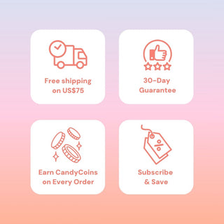 EyeCandys promotions – free shipping on orders over US$75, 30-day satisfaction guarantee, earn CandyCoins on every order, and subscribe & save for future purchases.