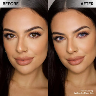 EyeCandys Shade Blue prescription colored contact lenses before-and-after on model’s face, creating a vivid yet realistic blue eye effect