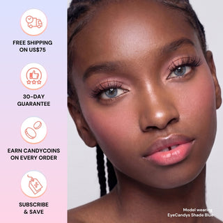Model with dark skin tone wearing EyeCandys Shade Blue prescription colored lenses, close-up of eyes, vibrant blue tones enhancing natural beauty, comfortable fit