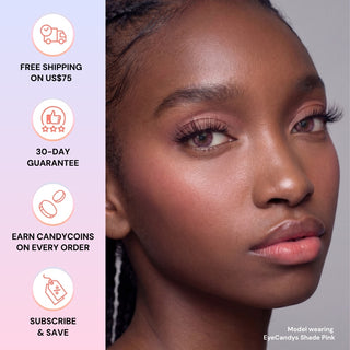 Model with dark skin tone wearing EyeCandys Shade Pink prescription colored lenses, close-up of eyes, soft pink tones enhancing natural beauty, comfortable fit
