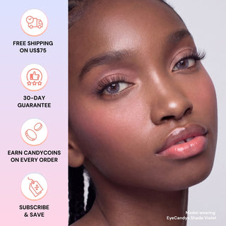 Model wearing EyeCandys Shade Violet prescription colored lenses, close-up of eyes, vibrant violet tones enhancing natural eye color, comfortable fit