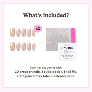 Eyecandys press-on nail kit contents including 20 reusable press-on nails, 20 adhesive sticky tabs, a nail file, a cuticle stick, and an alcohol wipe for easy at-home application.
