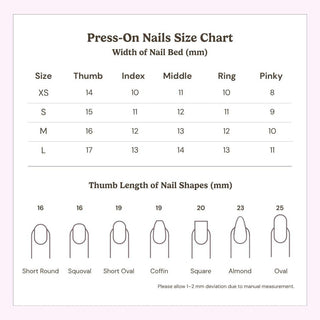 Eyecandys press-on nails size chart showing XS, S, M, L, and Custom sizing with nail measurements and a guide to help choose the best-fitting reusable press-on nails.
