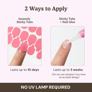 Eyecandys press-on nails featuring two application methods: ultra-sticky adhesive tabs for wear lasting up to 10 days, or adhesive tabs combined with nail glue for a long-lasting manicure of up to 3 weeks.