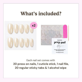 Eyecandys press-on nail kit contents including 20 reusable press-on nails, 20 adhesive sticky tabs, a nail file, a cuticle stick, and an alcohol wipe for easy at-home application.