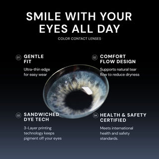 Macro shot of EyeCandys sugarlook blue colored contact lens – gentle fit, Comfort Flow design, sandwiched dye technology, and health & safety certified