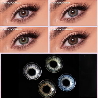 Close-up of eye with long lashes wearing EyeCandys Sugarlook Blue, Green, Grey, and Brown prescription colored contact lenses – macro shots of each lens design shown below