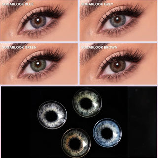 Close-up of eye with long lashes wearing EyeCandys Sugarlook Blue, Green, Grey, and Brown prescription colored contact lenses – macro shots of each lens design shown below