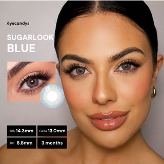 Model wearing EyeCandys Sugarlook Blue contact lenses – 14.3mm DIA, 13.0mm graphic DIA, 8.8 base curve, 3-month wear