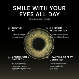 Macro shot of EyeCandys Shade colored contact lens – gentle fit, Comfort Flow design, sandwiched dye technology, and health & safety certified