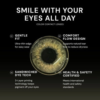 Macro shot of EyeCandys Shade colored contact lens – gentle fit, Comfort Flow design, sandwiched dye technology, and health & safety certified