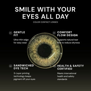 Macro shot of EyeCandys Shade colored contact lens – gentle fit, Comfort Flow design, sandwiched dye technology, and health & safety certified