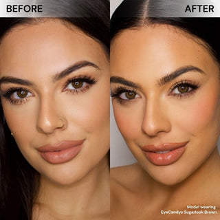 Before and after of model’s face wearing EyeCandys Sugarlook Brown prescription colored contact lenses, showing warm and natural brown eye transformation