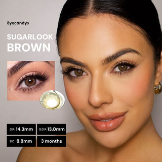 Model wearing EyeCandys Sugarlook Brown contact lenses – 14.3mm DIA, 13.0mm graphic DIA, 8.8 base curve, 3-month wear