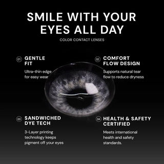 Macro shot of EyeCandys sugarlook colored contact lens – gentle fit, Comfort Flow design, sandwiched dye technology, and health & safety certified