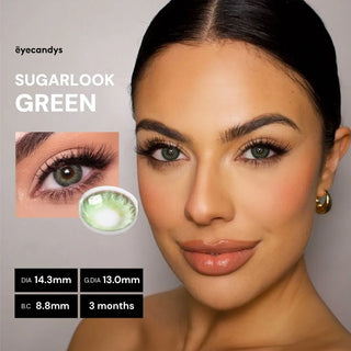 Model wearing EyeCandys Sugarlook Green contact lenses – 14.3mm DIA, 13.0mm graphic DIA, 8.8 base curve, 3-month wear
