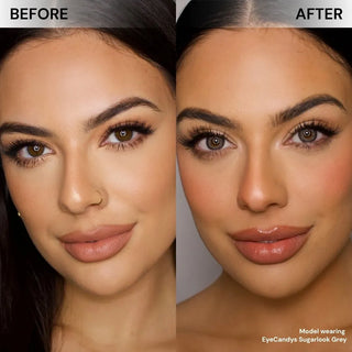 EyeCandys Sugarlook Grey prescription colored contact lenses before-and-after on model’s face, creating a soft yet realistic grey eye effect.