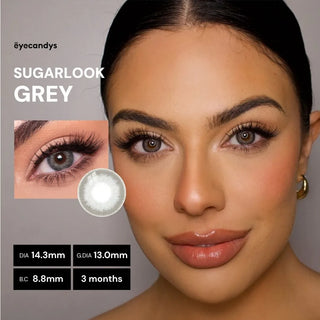 Model wearing EyeCandys Sugarlook Grey contact lenses – 14.3mm DIA, 13.0mm graphic DIA, 8.8 base curve, 3-month wear
