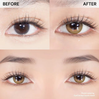 Close-up of eye with long lashes wearing Eyecandys Sunlit Hazel colored prescription contact lens, natural-looking, vibrant, comfortable all-day wear, cosmetic colored lenses, trending colored contacts 2025, eye-catching hazel lenses
