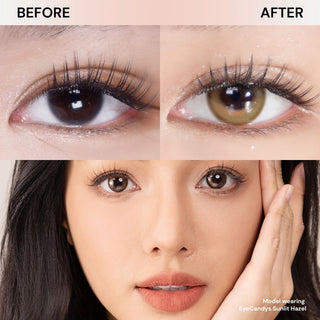 Before and after comparison of eyes wearing EyeCandys Sunlit Hazel prescription colored contact lenses, natural hazel eye enhancement with realistic look