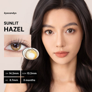 Close-up of model’s face wearing EyeCandys Sunlit Hazel prescription colored contact lenses, natural makeup look, realistic hazel eye enhancement