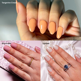 Three hands showcasing EyeCandys nail stickers: Tangerine Cream, Shortcake, Lychee Gel, perfect for nail art inspiration.