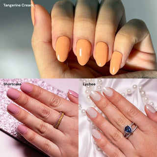 Three hands showcasing EyeCandys nail stickers: Tangerine Cream, Shortcake, Lychee Gel, perfect for nail art inspiration.